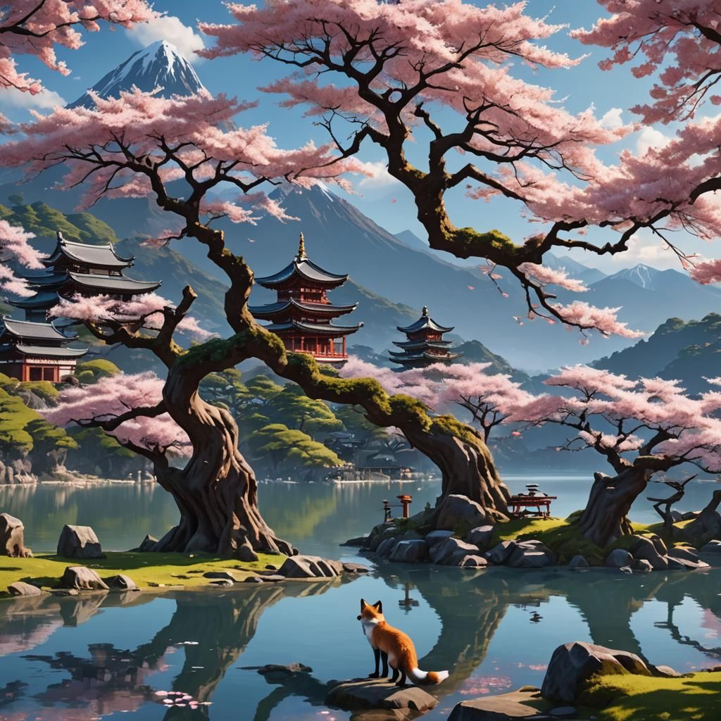 Fox Lady with Sakura Tree, Anime Art Style