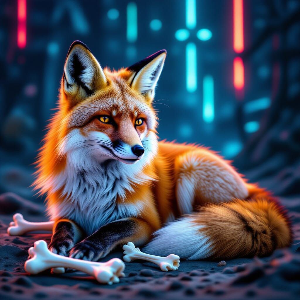 Fox Resting Amongst Bones in Synthwave Style