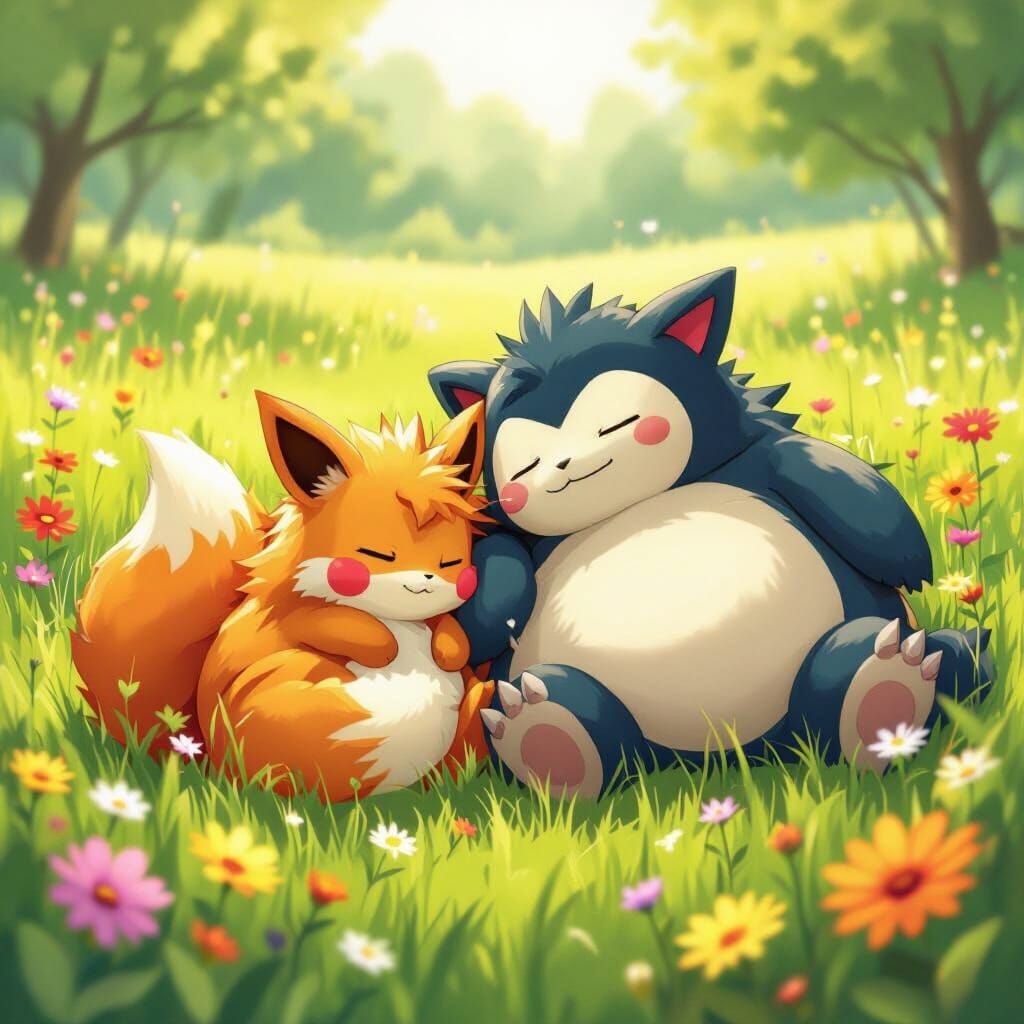 Flareon and Snorlax Napping in a Sunny Meadow