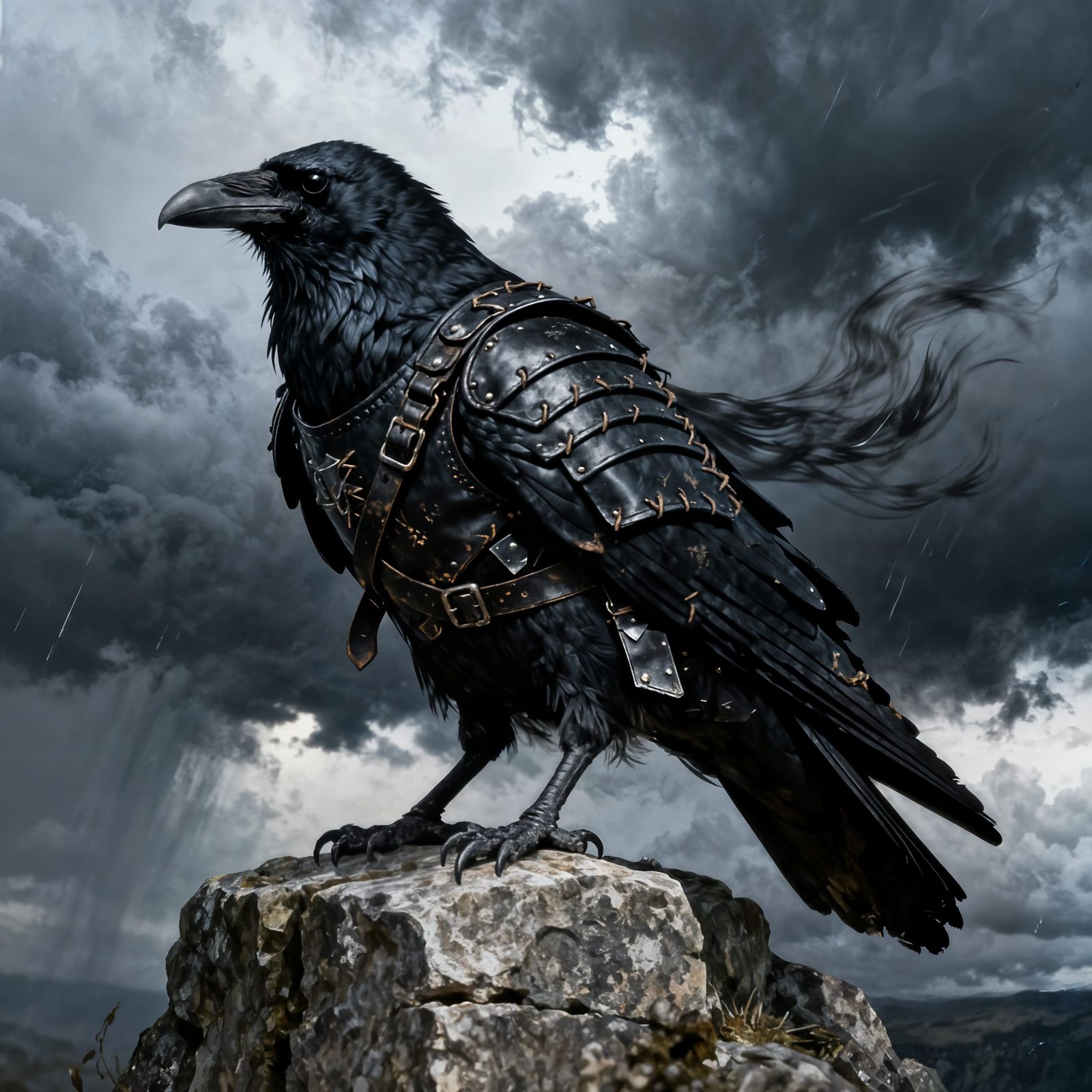 Armored Raven on Stone Outcrop in Stormy Fantasy Realism