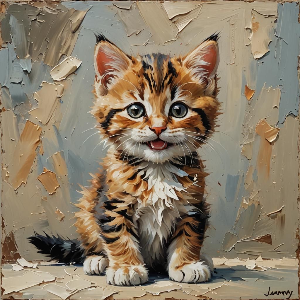 Smiling Kitten in Impasto Oil Painting Style