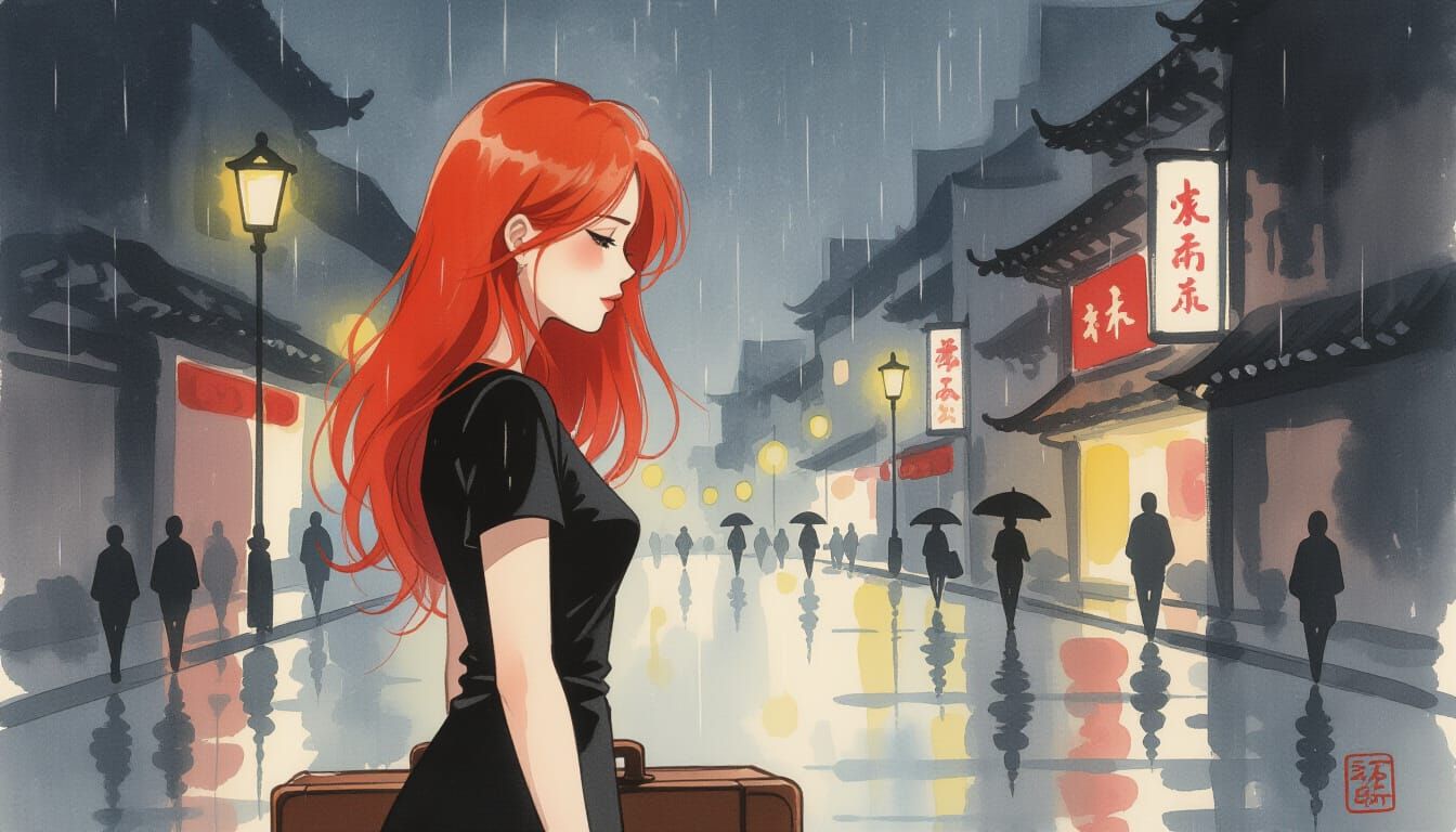 Red-Haired Woman in Rainy City: Sumi-e Ink Style