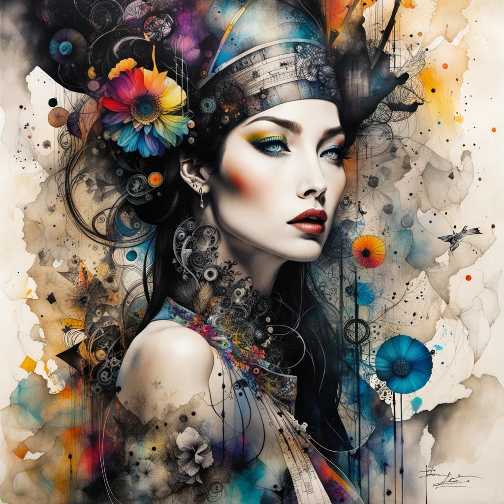 Empowered Surreal Ink Portrait on Aged Paper