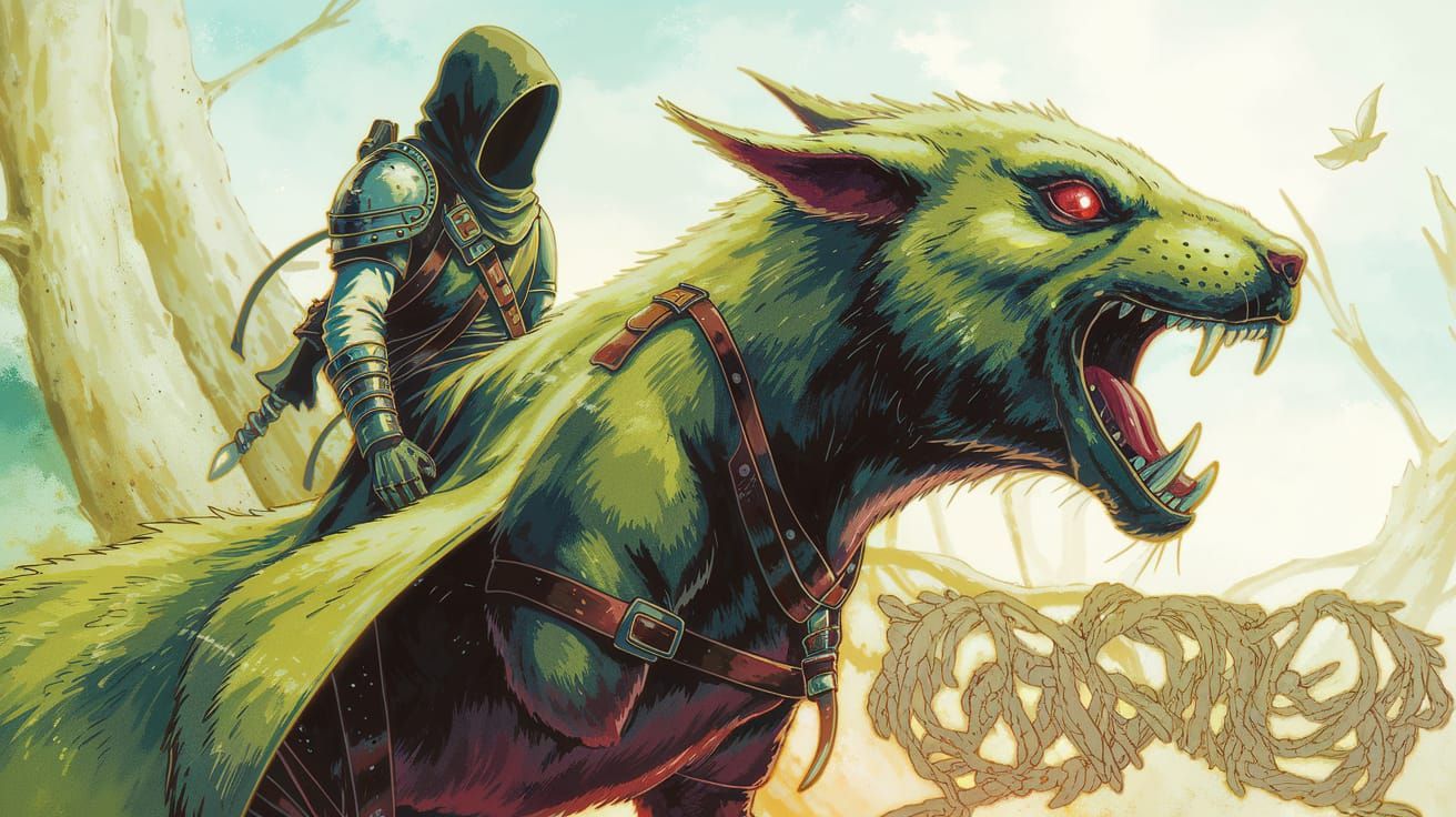Warrior Rides Cyberpunk Squirrel in a Fantasy Realm
