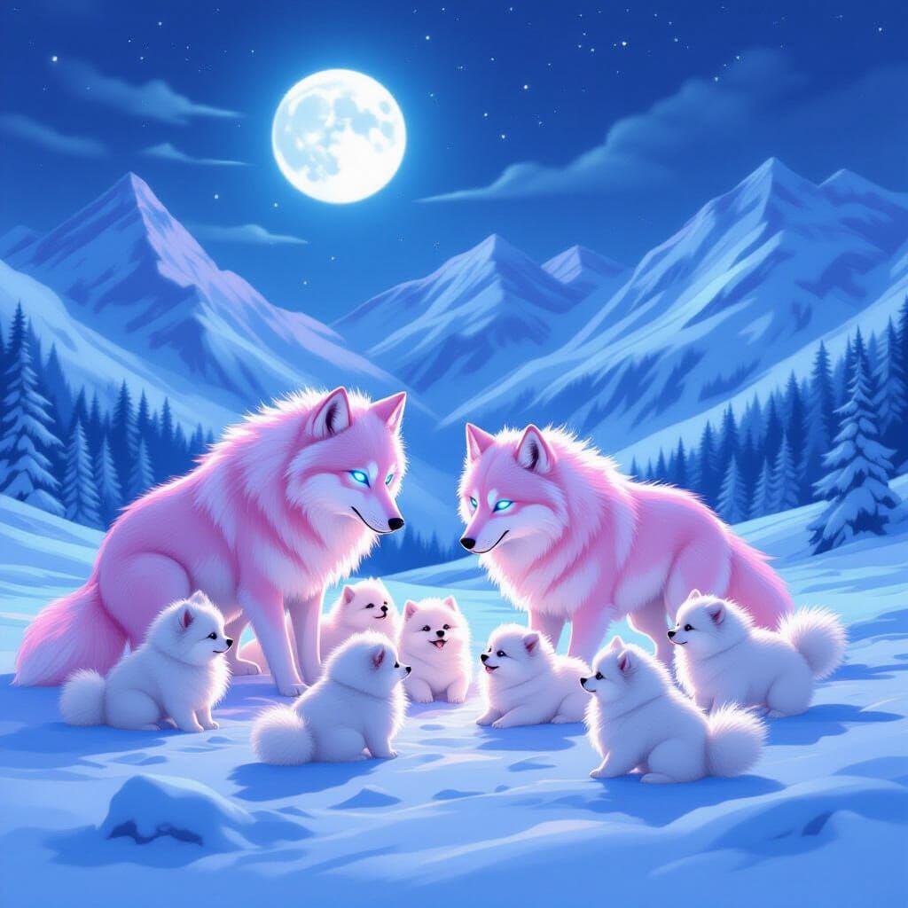 Pink Wolves Play With Pomeranians in Snowy Mountains