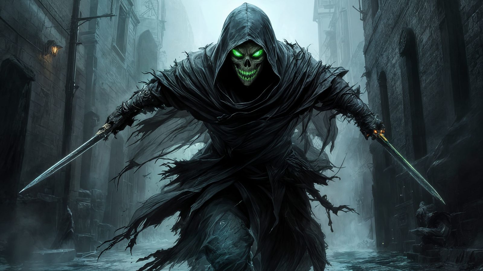 Hooded Figure with Skull Mask in Foggy Street