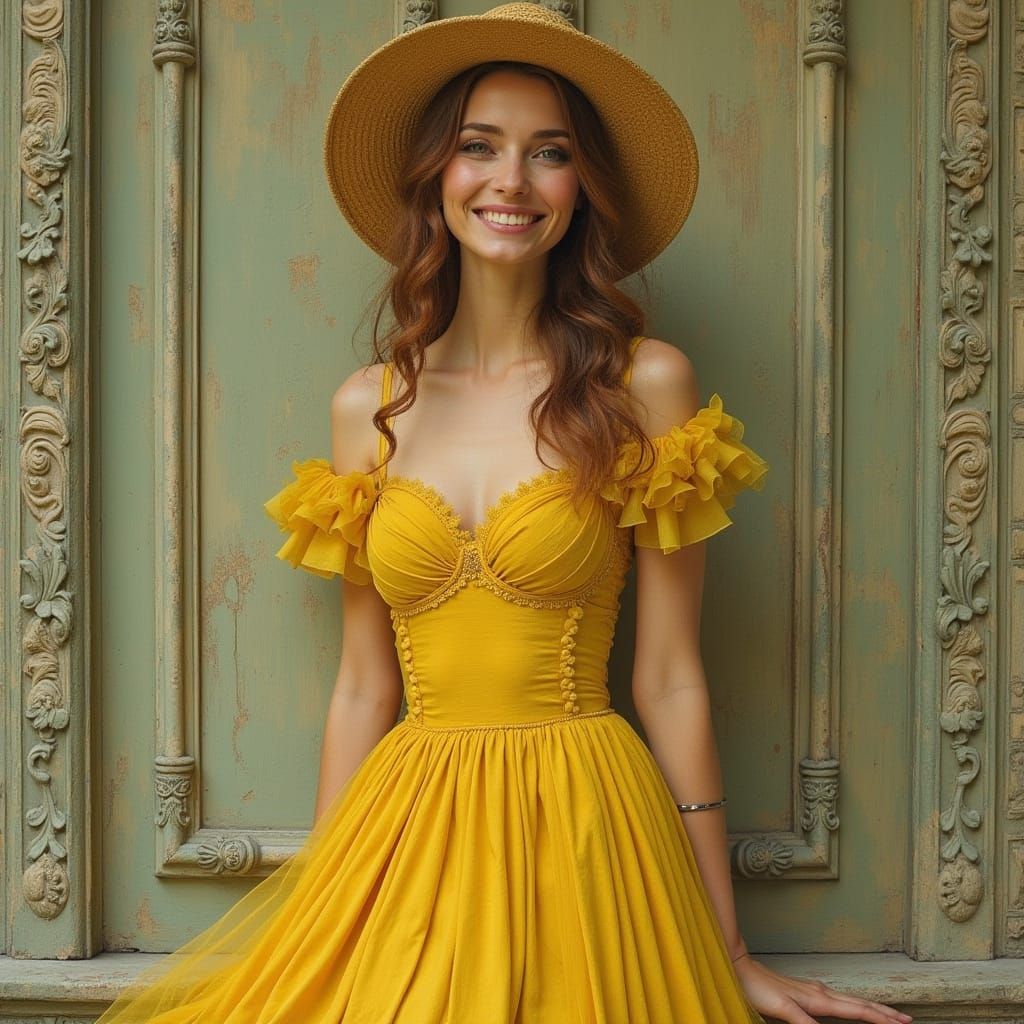 Elegant Woman in Yellow Silk Dress, Impressionist Style