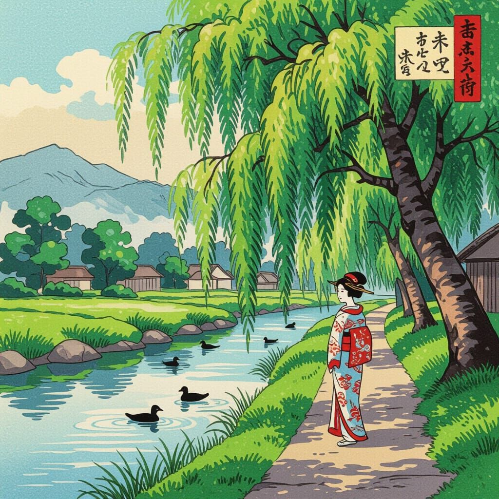 Japanese Ukiyo-e Willow Tree Waterside Scene