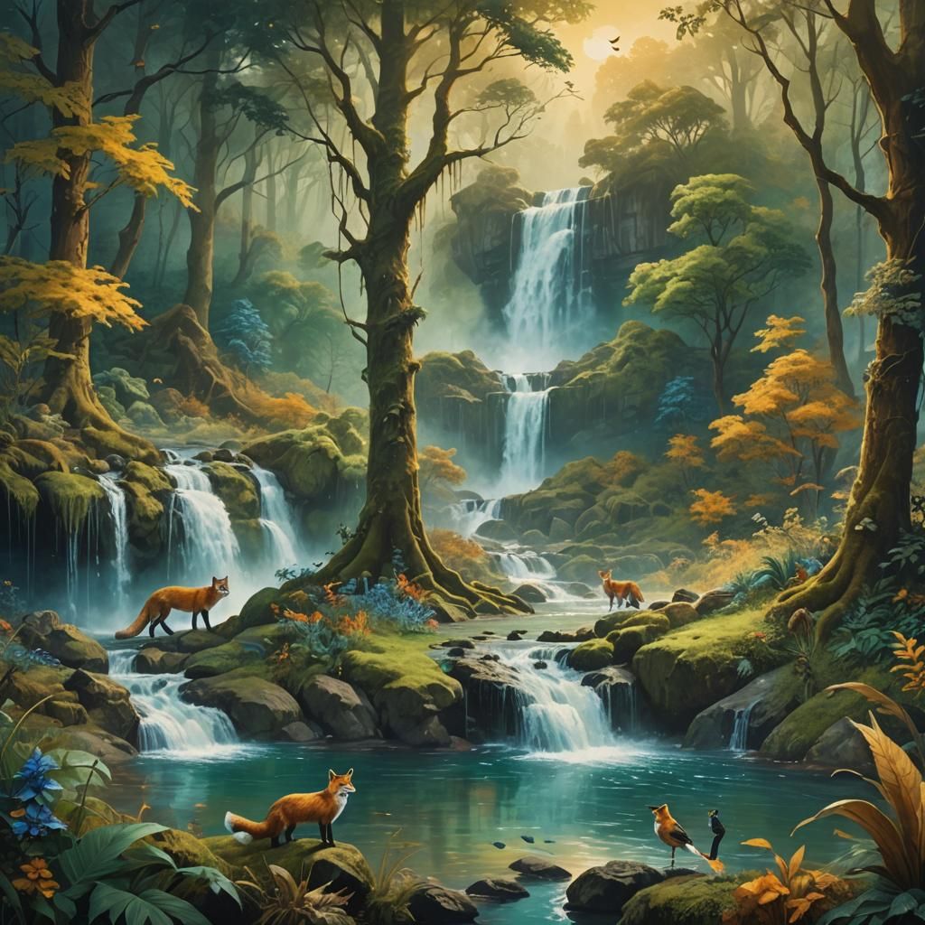 Mystical Forest: Animals at Waterfall in Golden Light