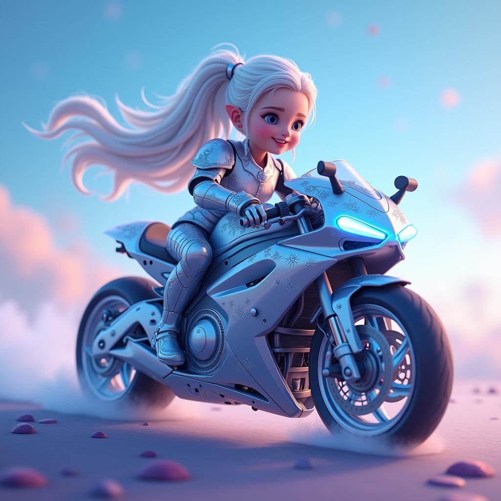 Girl in Glass Armor on Motorbike, Ethereal Concept Art