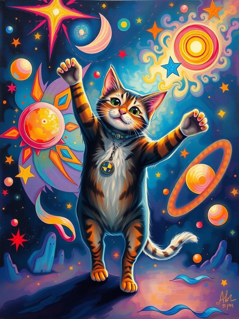 Joyful Cat Dance in Galaxy: Surreal Oil Painting