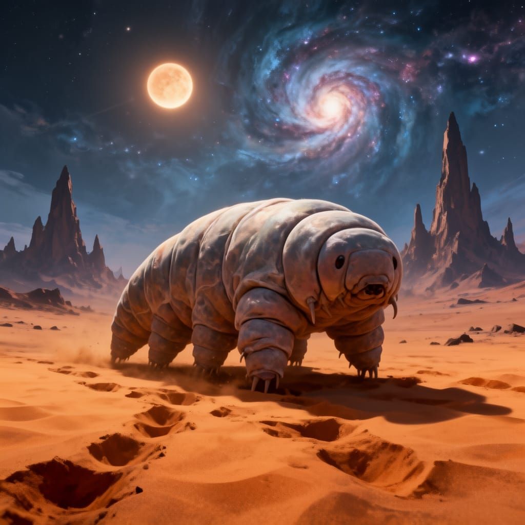 Mountain-Sized Tardigrade Roams Alien Desert Landscape