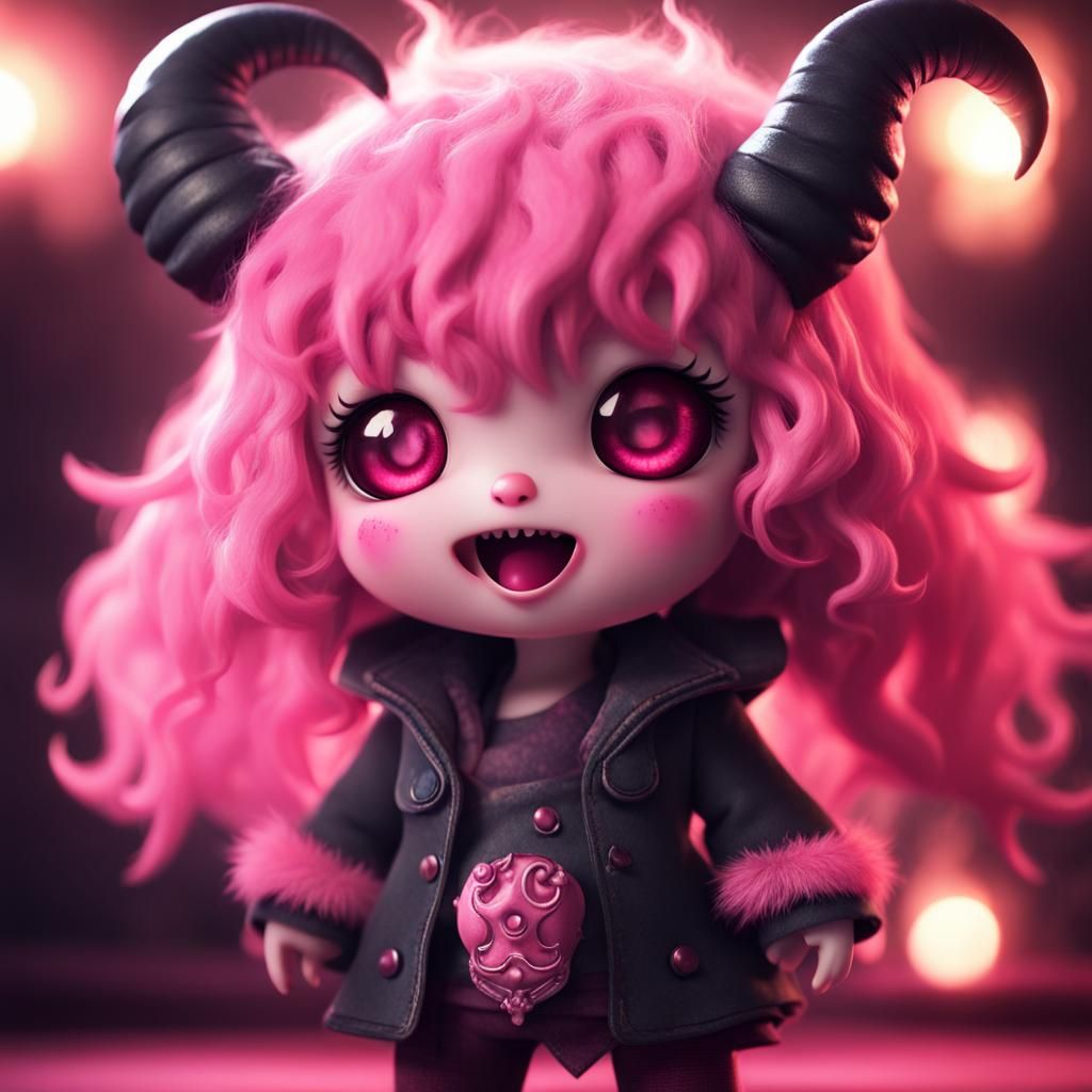 Fluffy Pink Chibi Demon Portrait in 3D