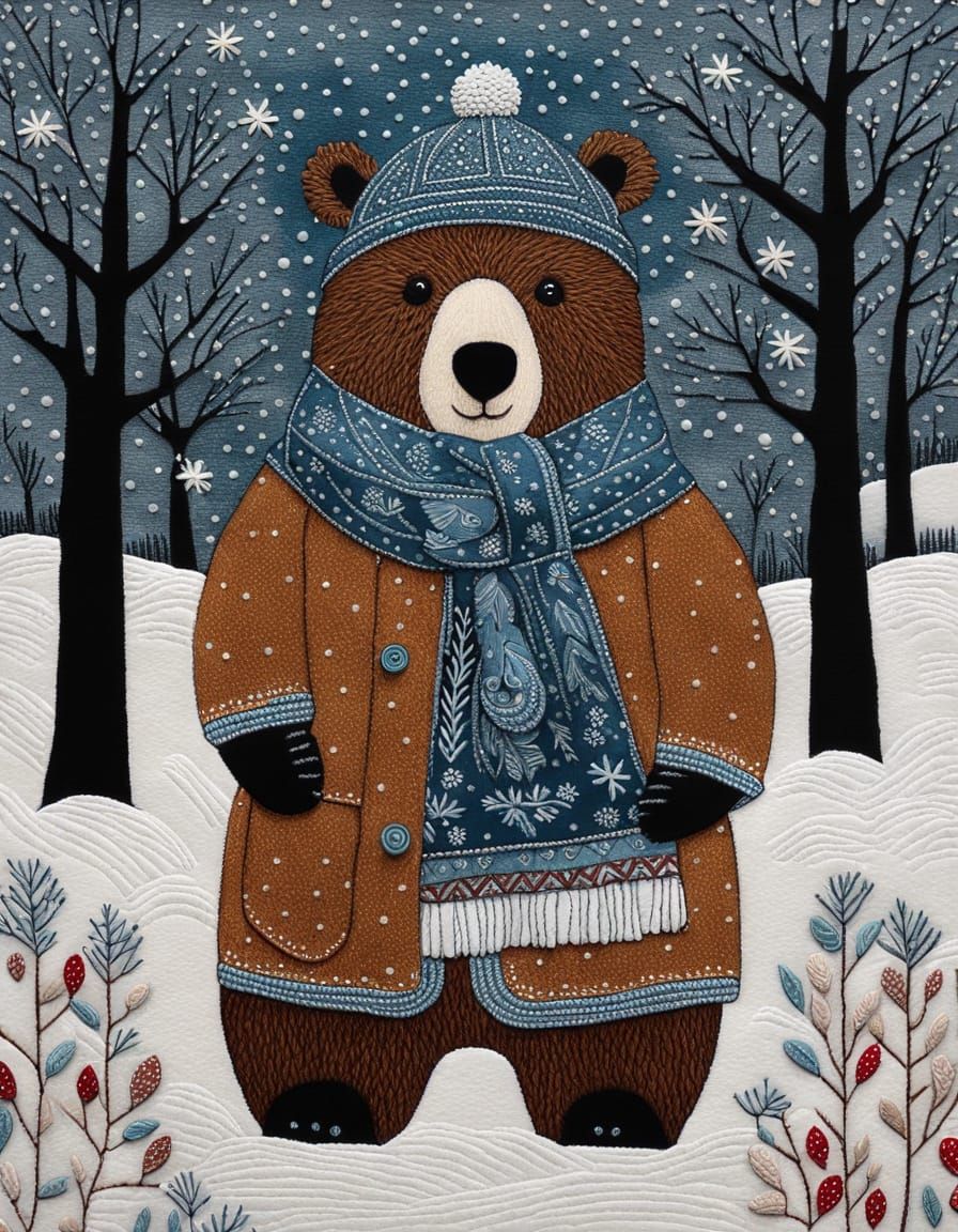 Whimsical Bear in Snowy Landscape, Folk Art Style