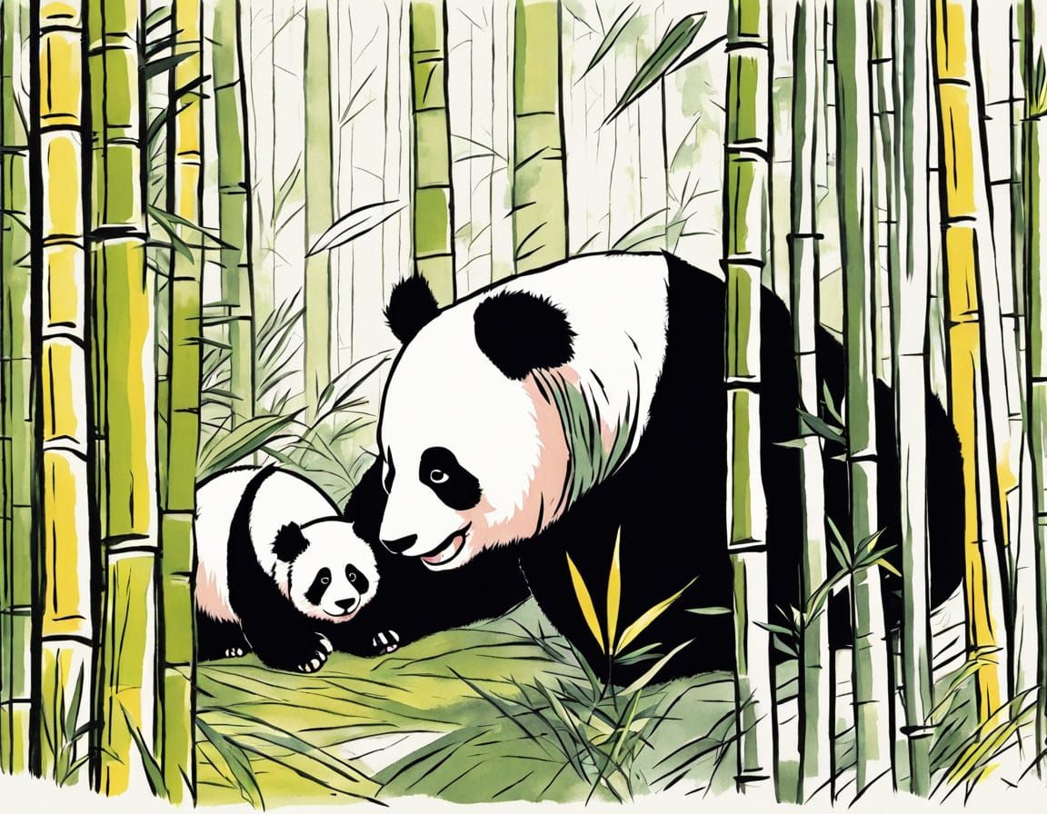 Panda Discovers a Puppy in a Bamboo Forest, Manga Comic Book...