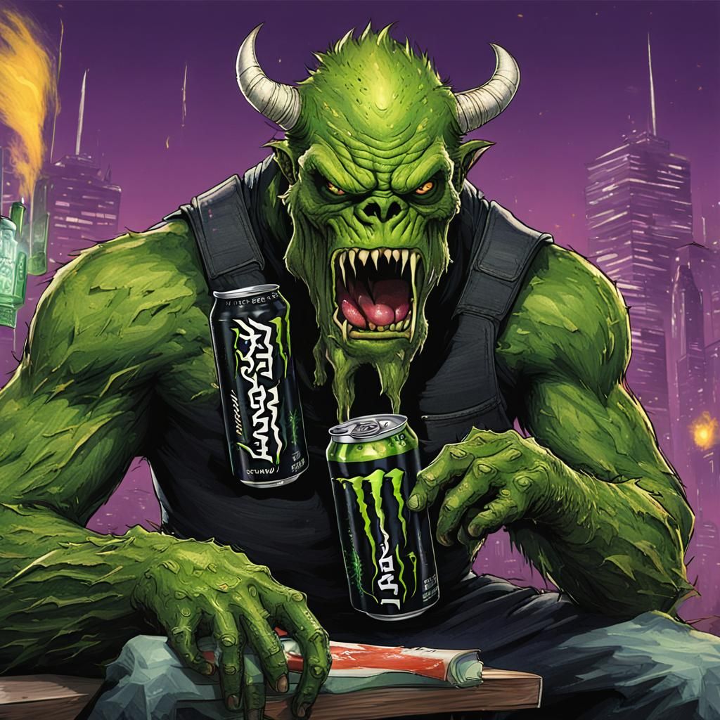 a monster, drinking a monster energy drink