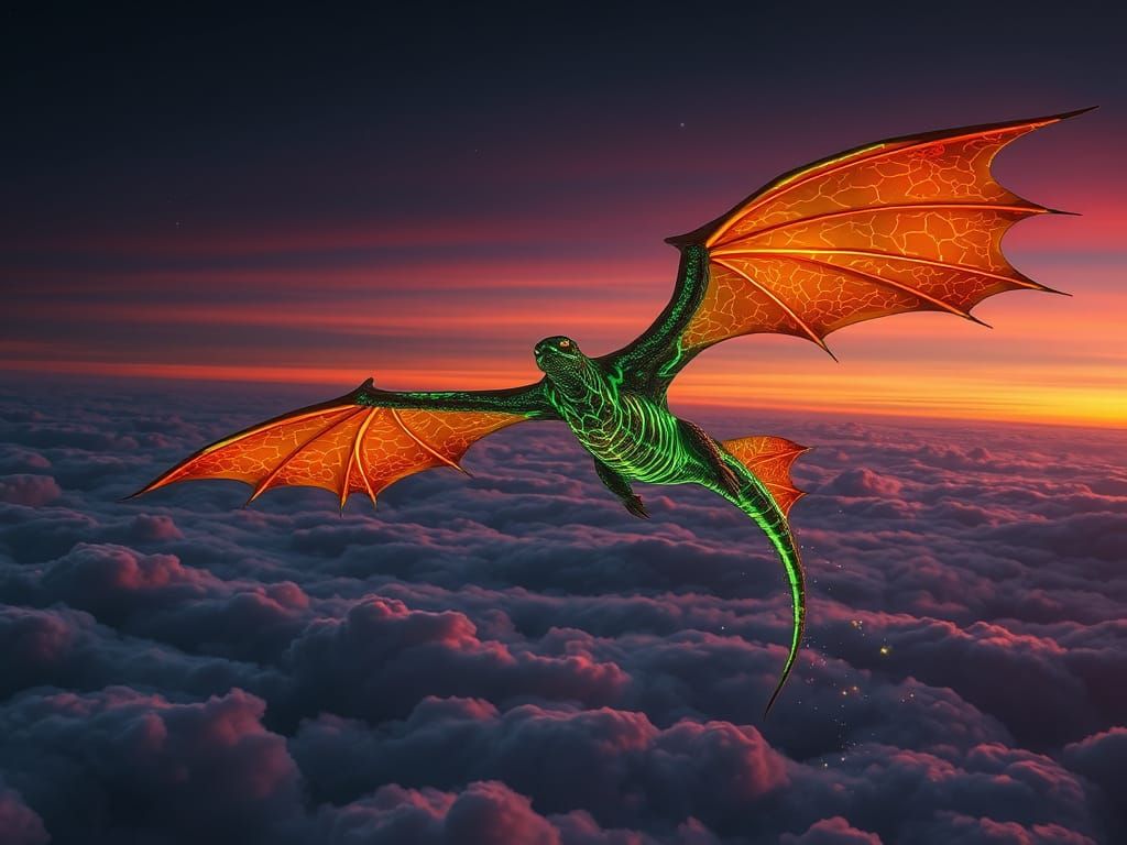 Otherworldly Neon Creature Soaring in Twilight Sky