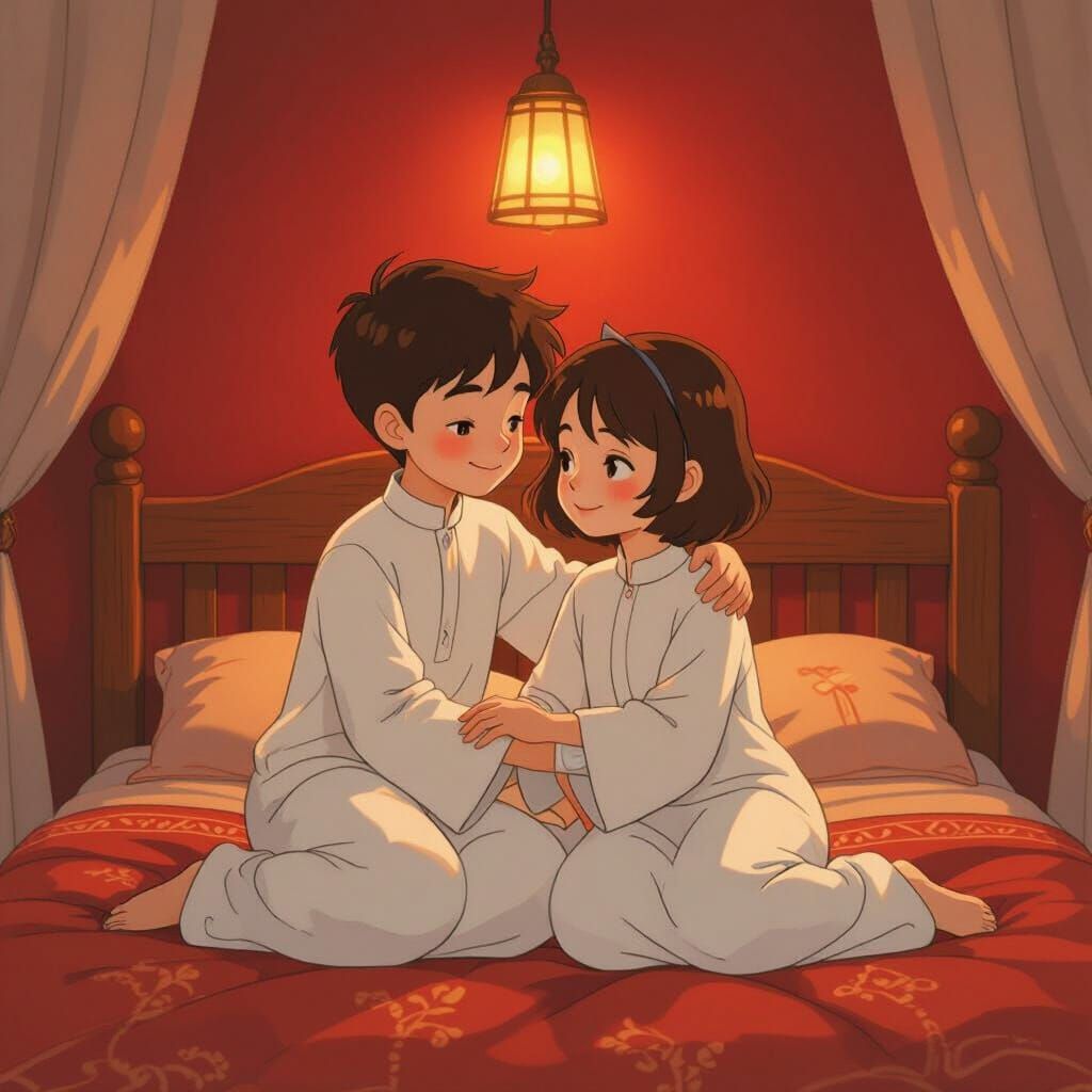 Children Sleeping in Traditional Thobes, Cartoon Style