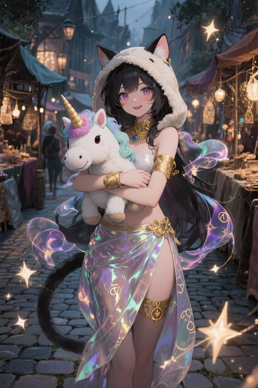 Anime Catgirl with Unicorn in Fantasy Market