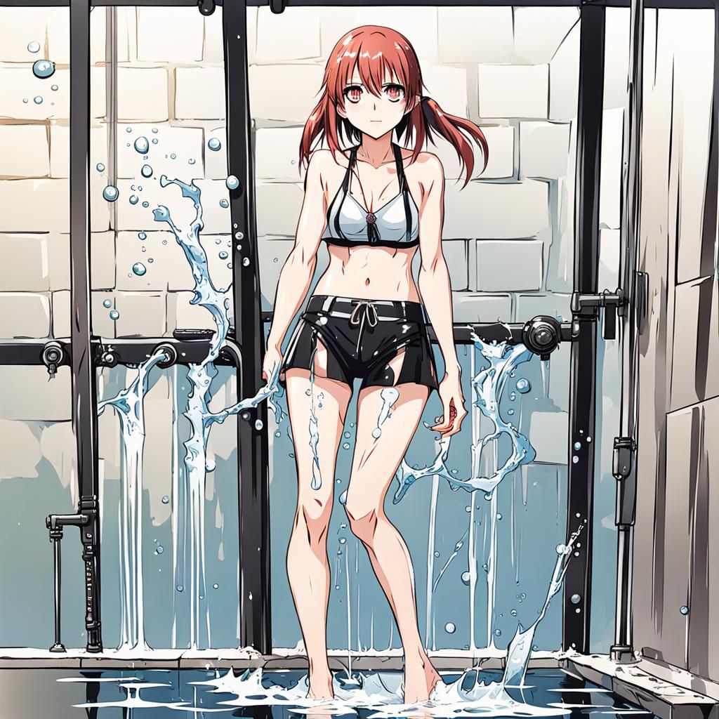 Anime Girl in Wet Bikini Shower Illustration