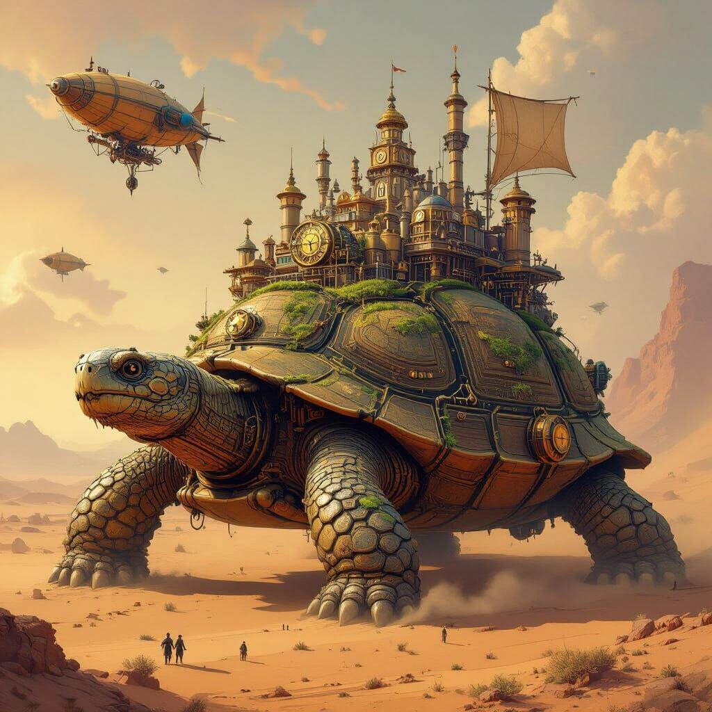Steampunk City on Giant Tortoise in Desert