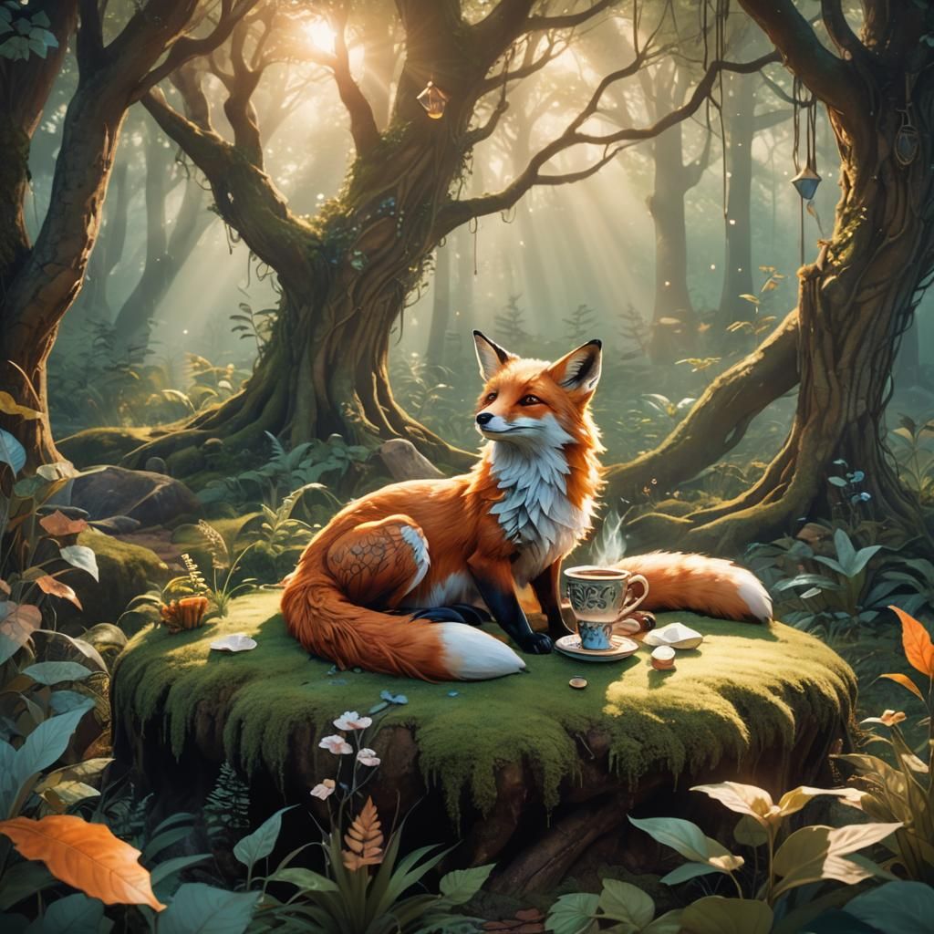 Whimsical Fox Sipping Coffee in Mystical Forest