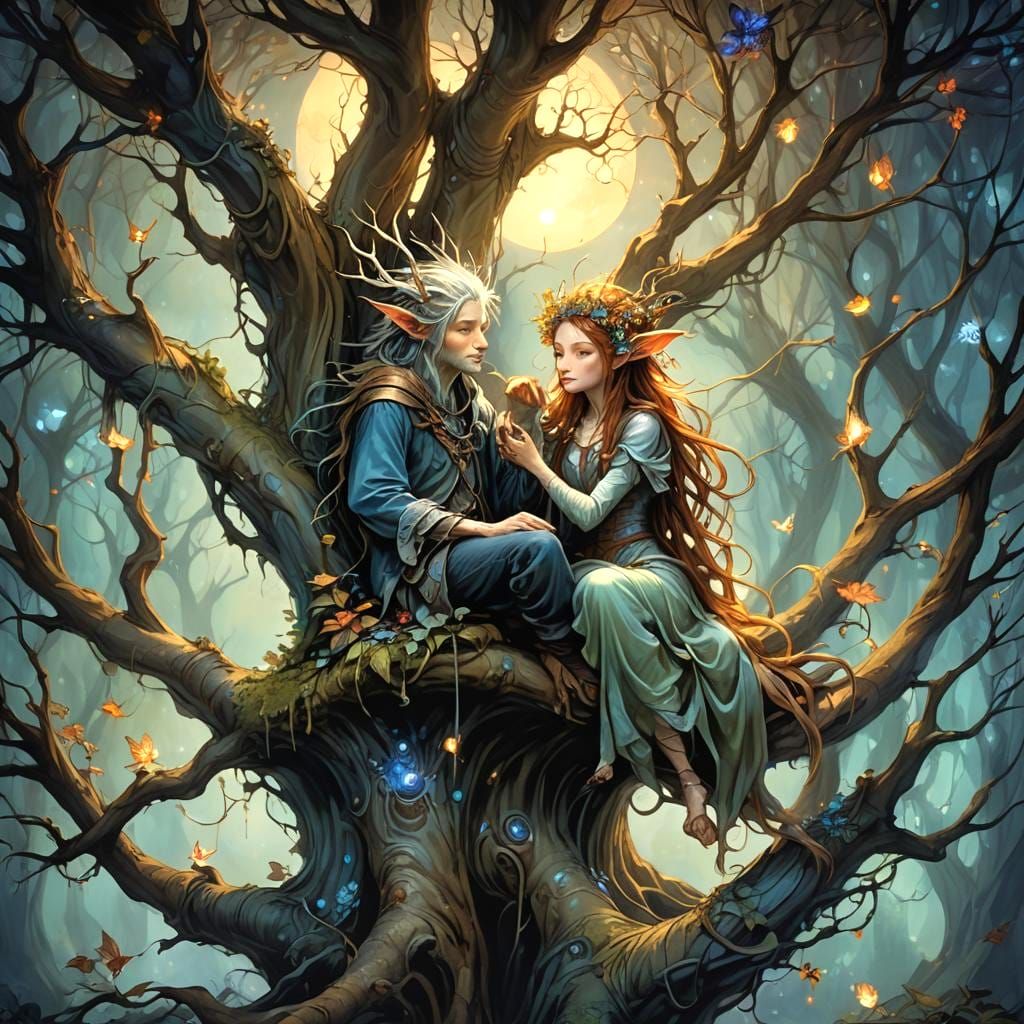 Glowworms Light a Night Scene with Seated Couple