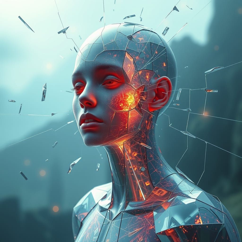 Fractured Shimmering Figure in Surreal Dreamscape