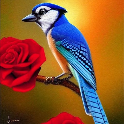 Rainbow Blue Jay with China Rose Oil Painting