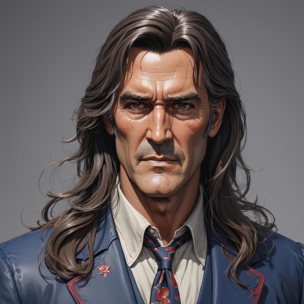 Young Bruce Campbell with Long Hair in 3D Anime Art