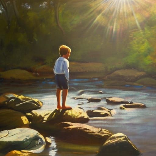 Boy Wading in Creek: Heidelberg School Acrylic
