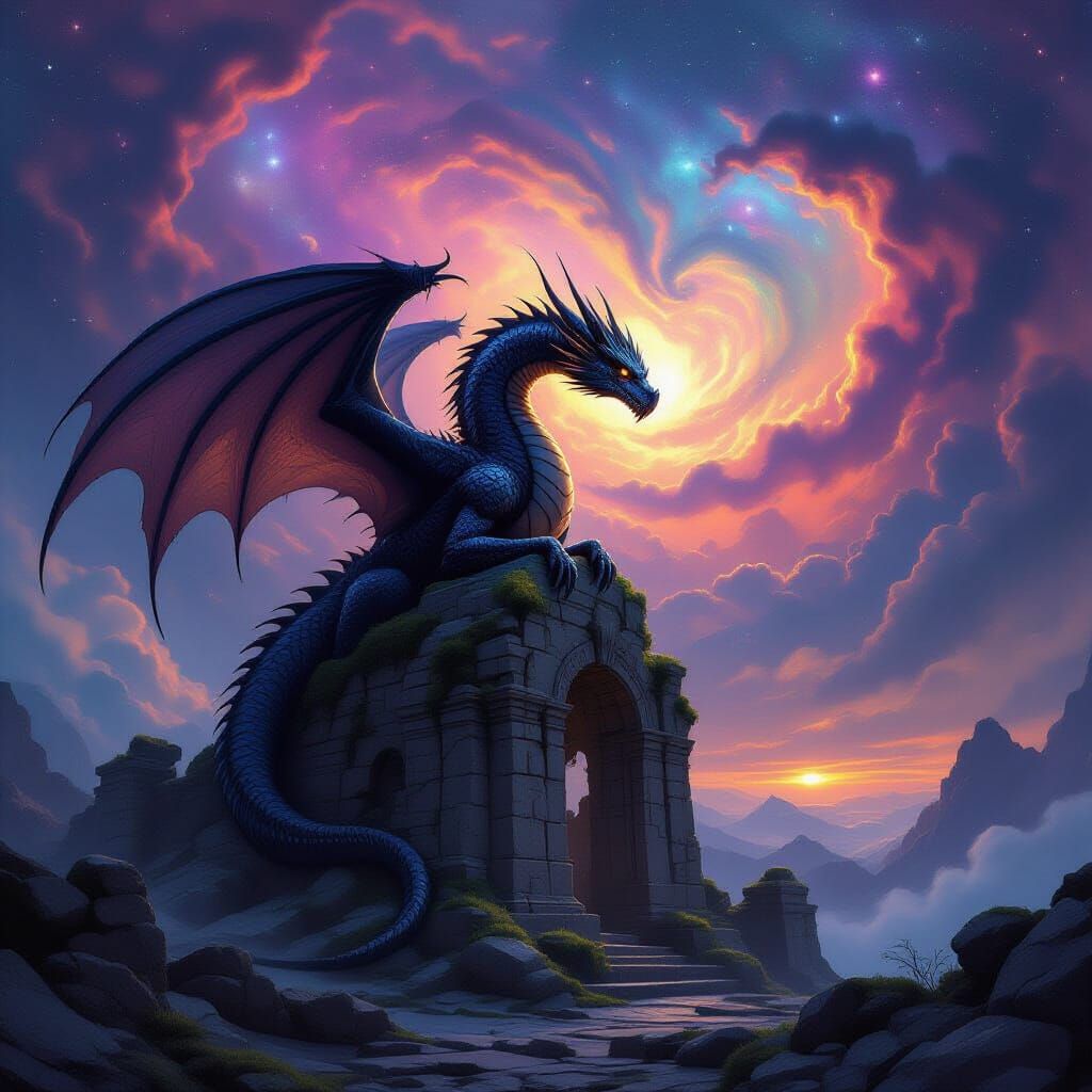 Ancient Dragon on Ruin Against Cosmic Nebula