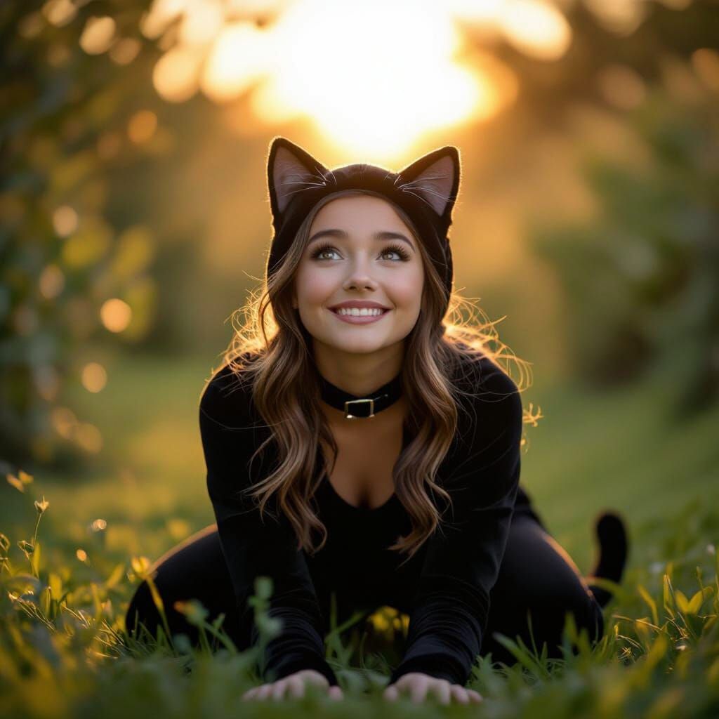 Happy Teen Girl in Cat Costume at Golden Hour