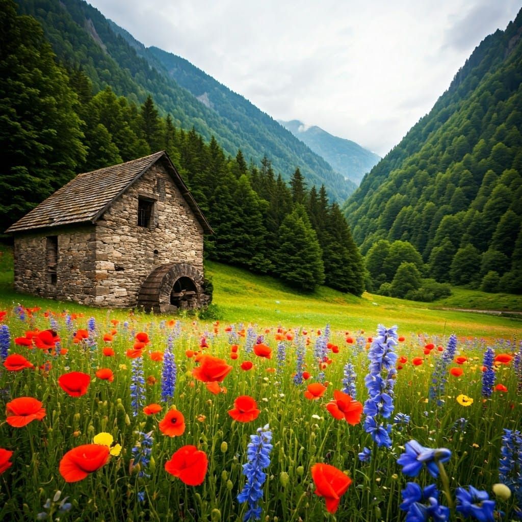 Wildflower Meadow with Flour Mill, Ghibli-Inspired