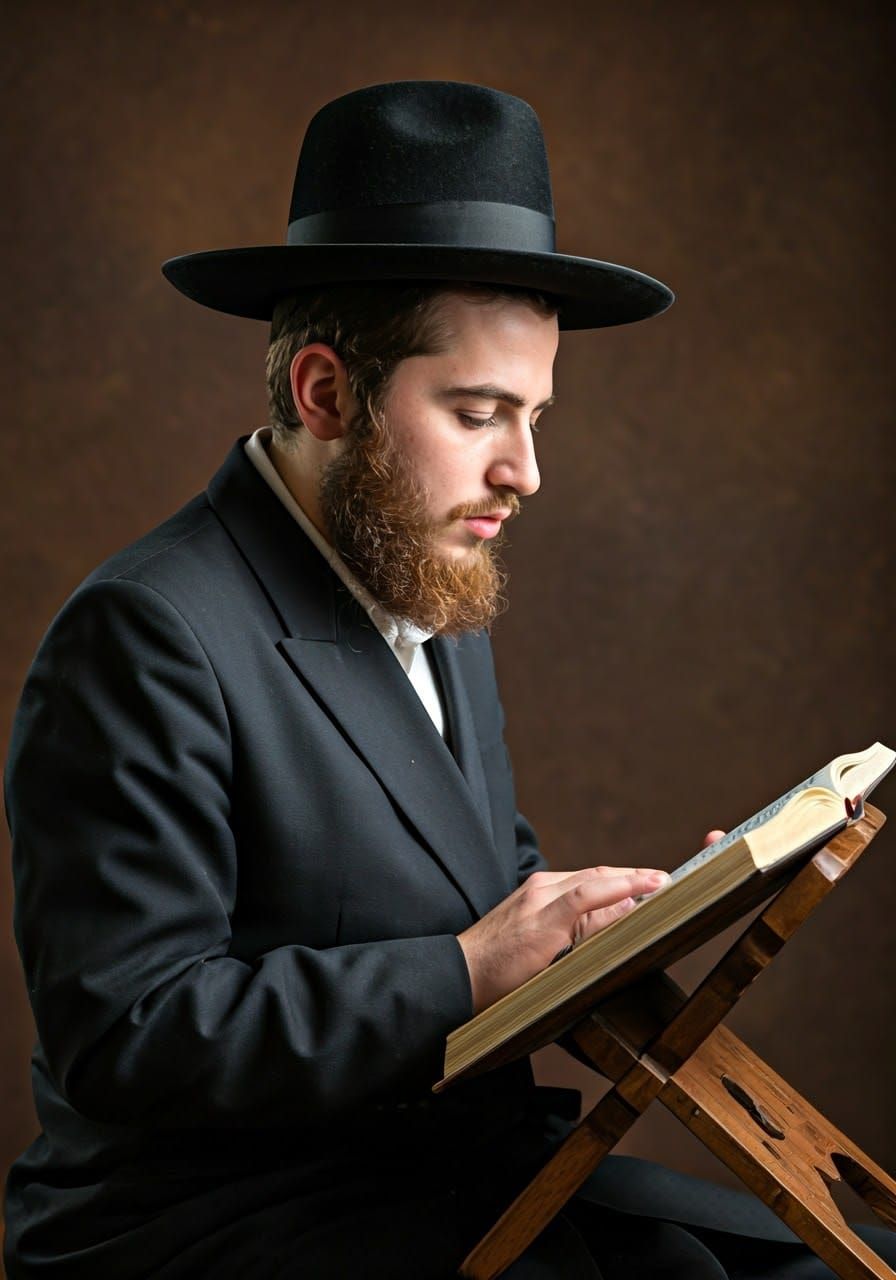 Young Hasidic Man Studying Torah, Side Profile
