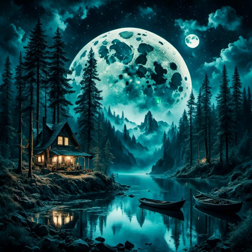 Romantic Cabin Under Two Moons in Watercolor Style