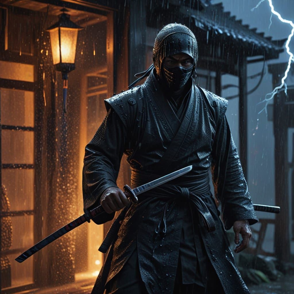 Ninja in Doorway with Katana: Cinematic Digital Art