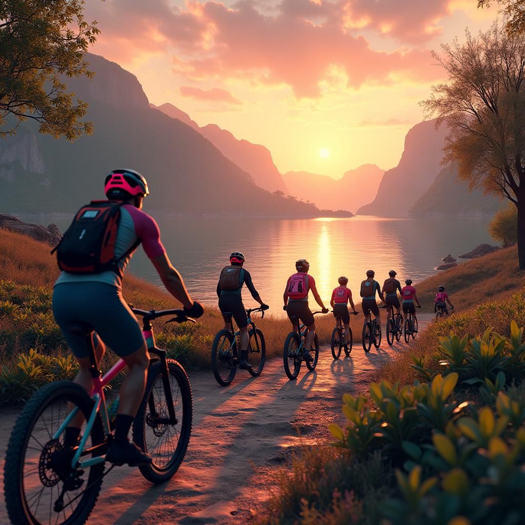 MTB Riders at Sunset Lagoon: Fantasy Concept Art