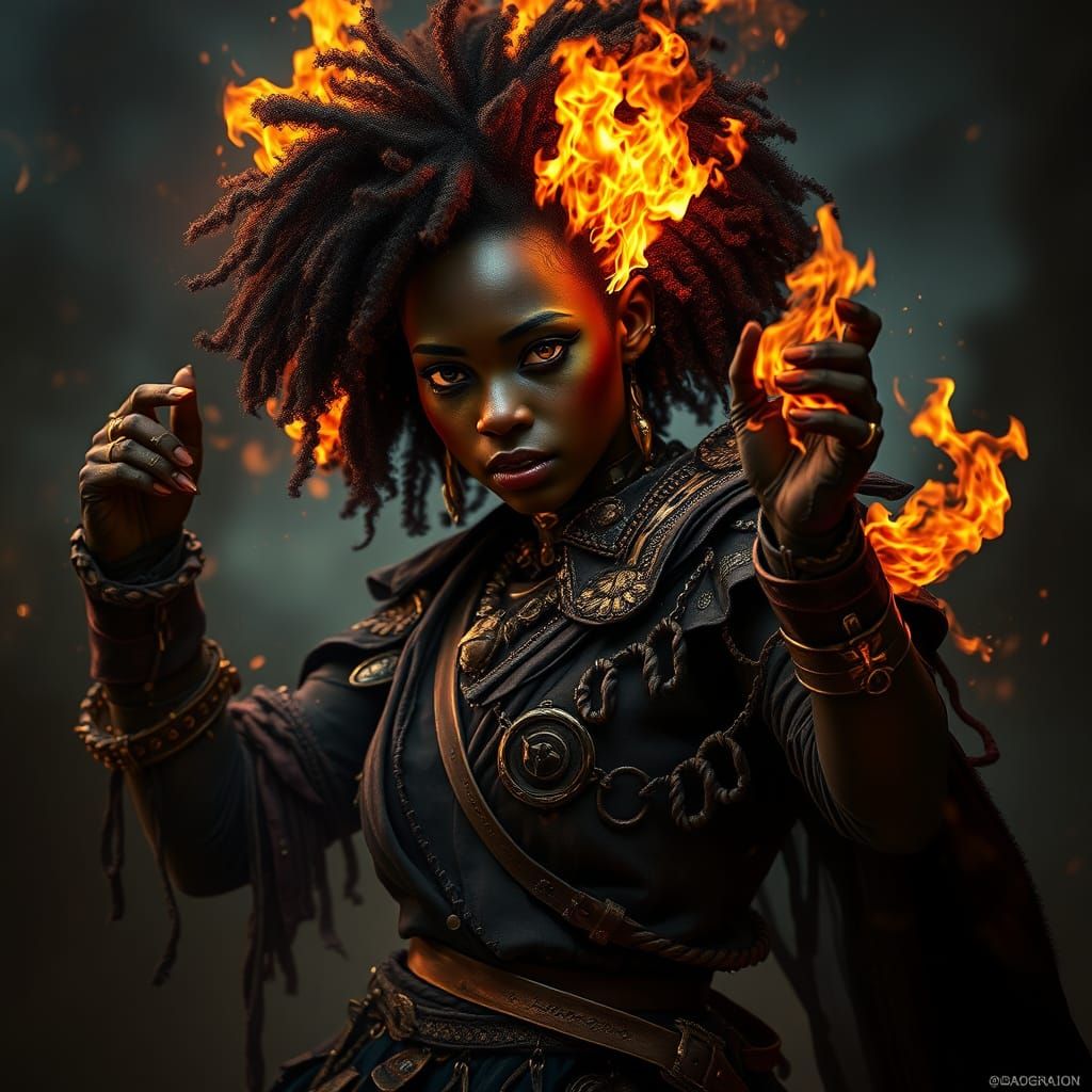 Fiery Dark Fantasy Heroine in Gilded Rustic Attire