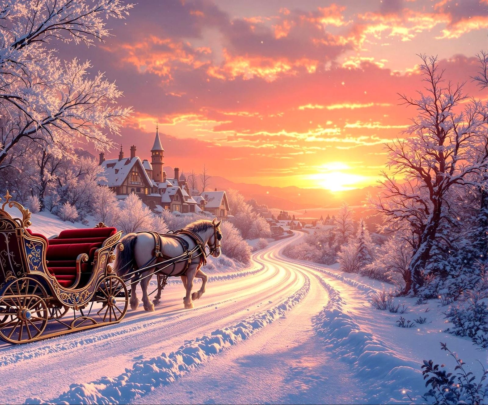 Horse-Drawn Sleigh Rides Toward Spooky Village: Anime Art