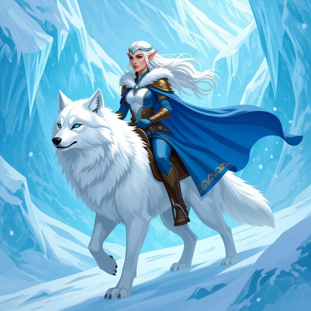 High Elf Sorceress on Frost Wolf, Comic Book Style