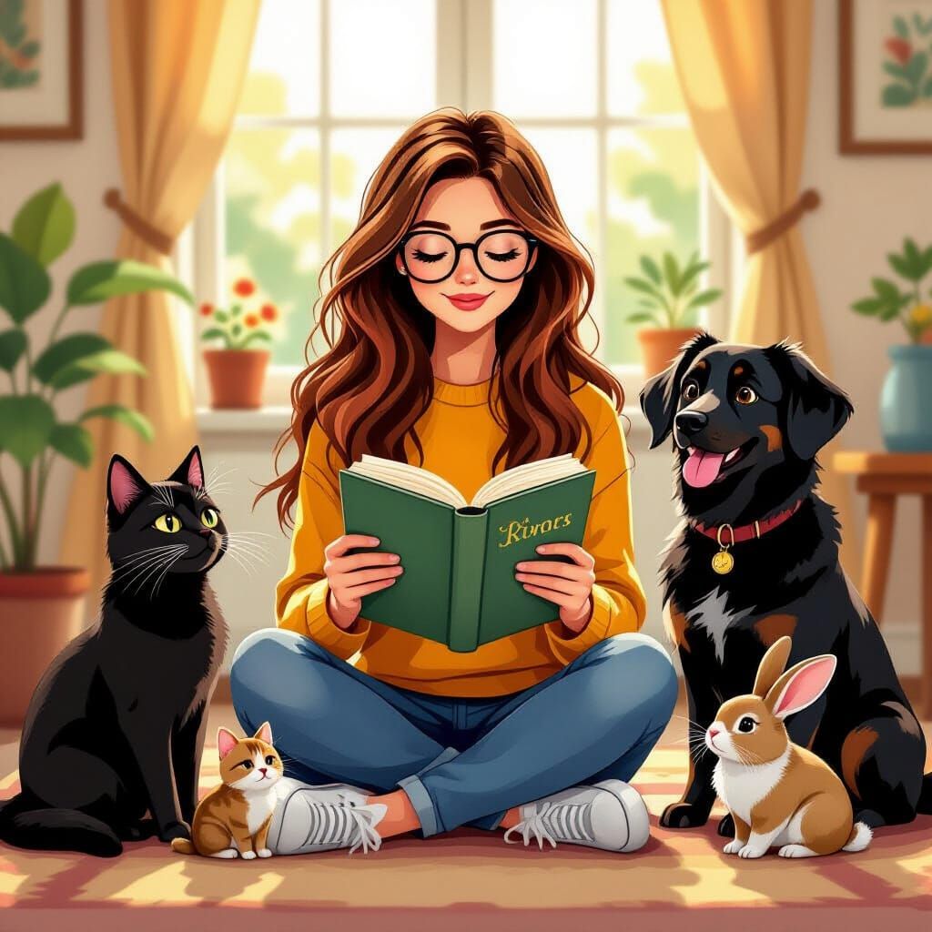 Woman Reading Surrounded by Pets in Cozy Illustration Style