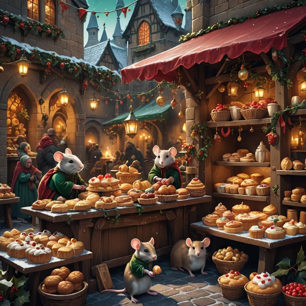Festive Medieval Market Scene with Mice Selling Cakes