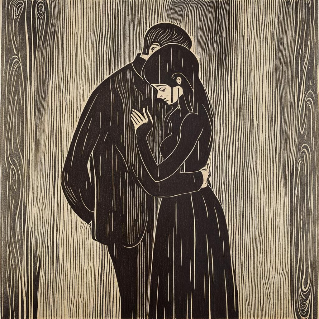 Woodcut print of a man and woman embracing, bold simplified ...