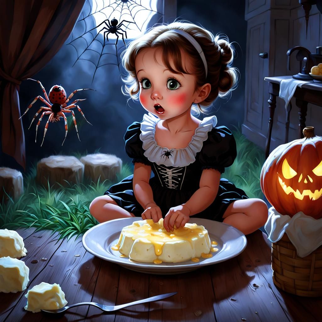 Poor Little Miss Muffet, eating her curds when a big spider ...