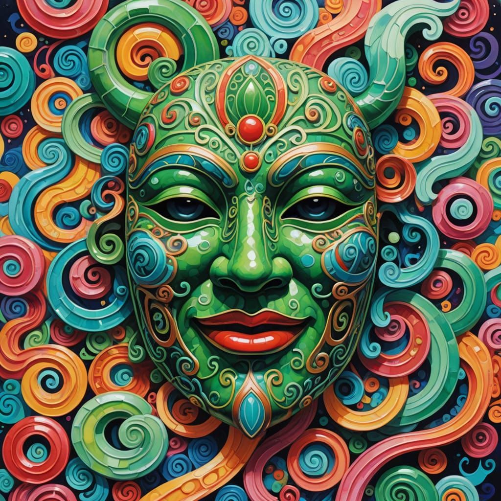 Ancient Meso-American Jade Mask in Vibrant Gouache Colors