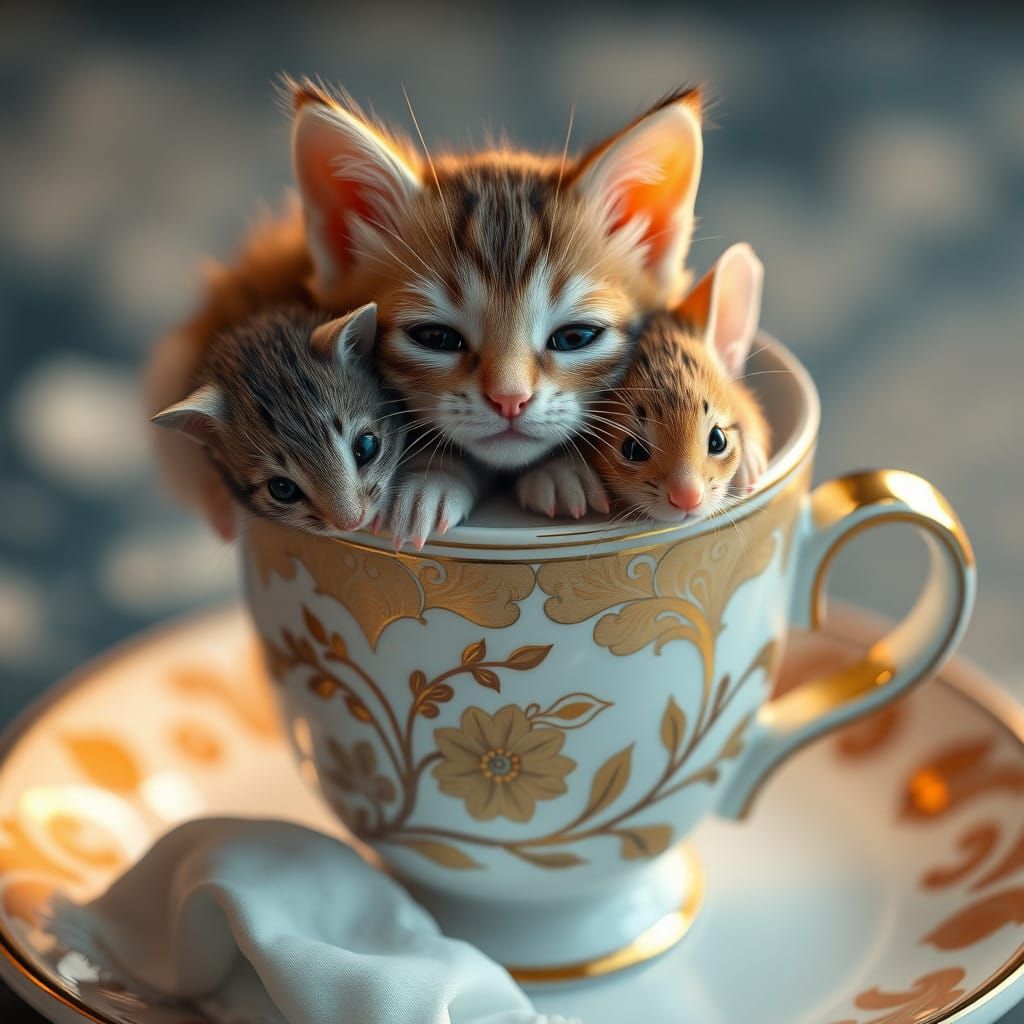 Kitten and Mouse Adore a Gilded Cappuccino Delight