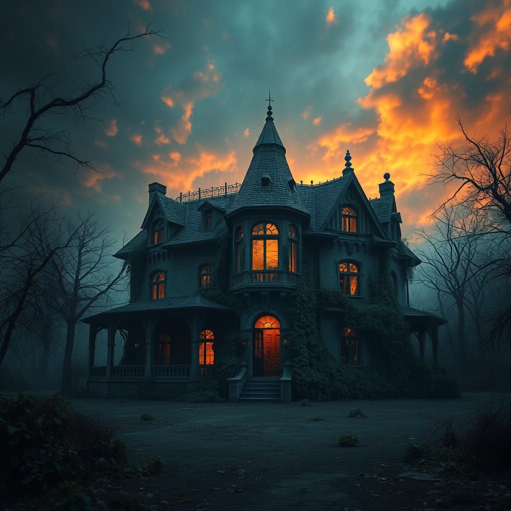 Ethereal Abandoned Mansion in Fiery Orange and Indigo Twilig...