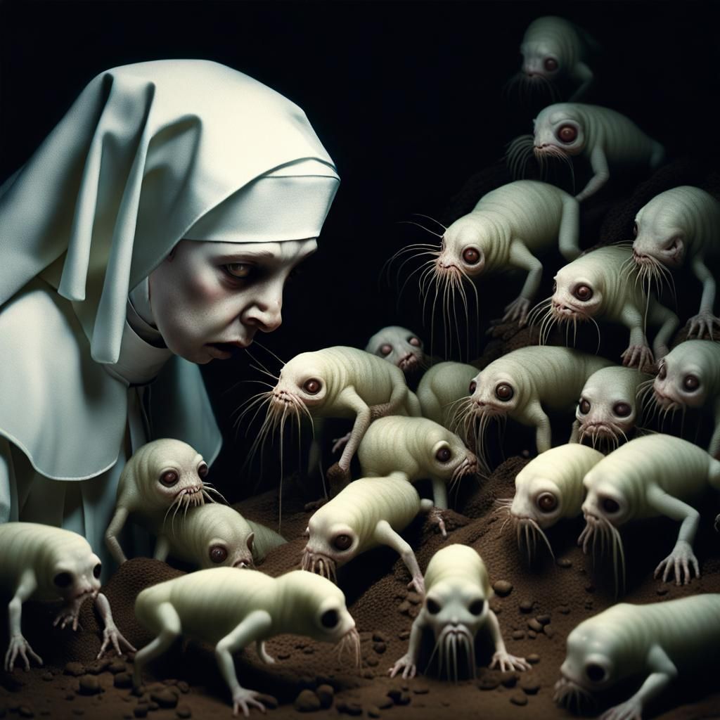 Eerie Nuns Vomiting Distorted Beasts: High Quality Photo
