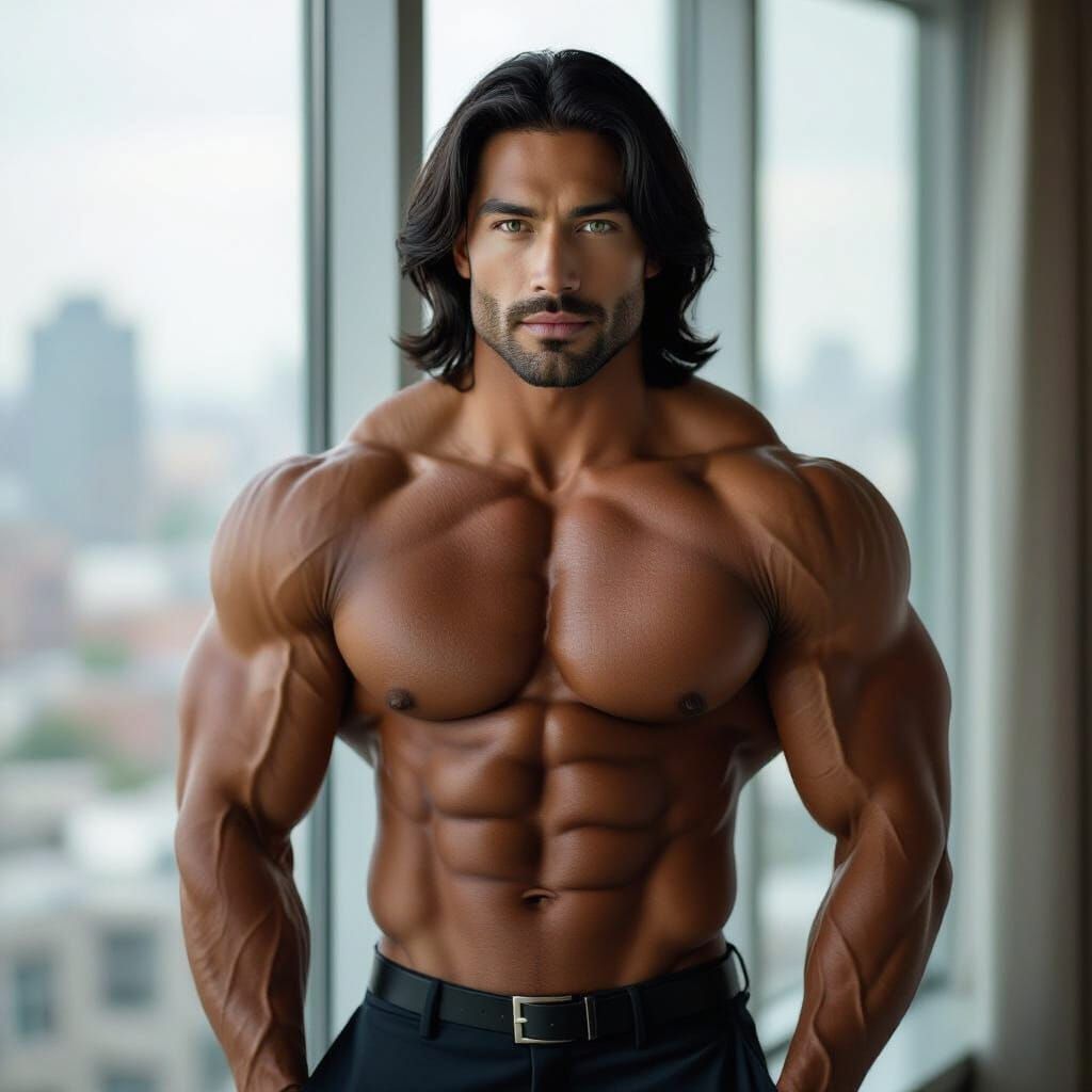 Muscular Alpha Male in Office, Soft Expression, Photo Qualit...